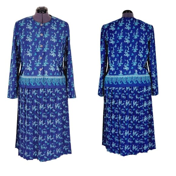 Leslie Fay Skirt Suit Size 18 Blue Pleated Elastic Waist Long Sleeve Blouse - Picture 1 of 11
